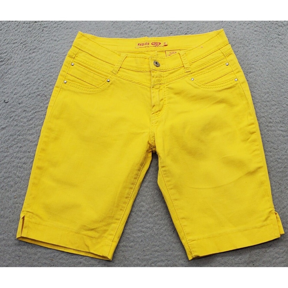 Red-Ox Jeans Shorts‎ Womens 9/10 Yellow Thick Stitch Slim Fit Pocket Stretch